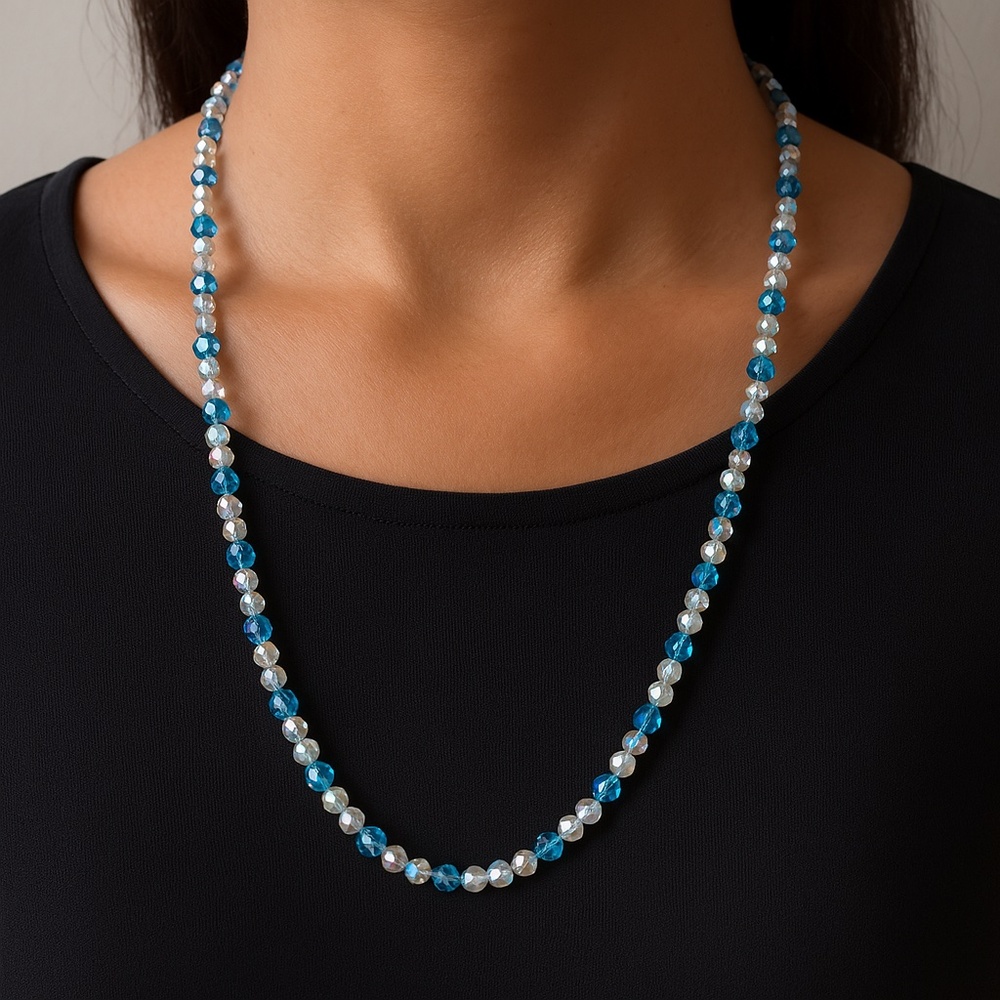 Iridescent Bead necklace blue white 48” long